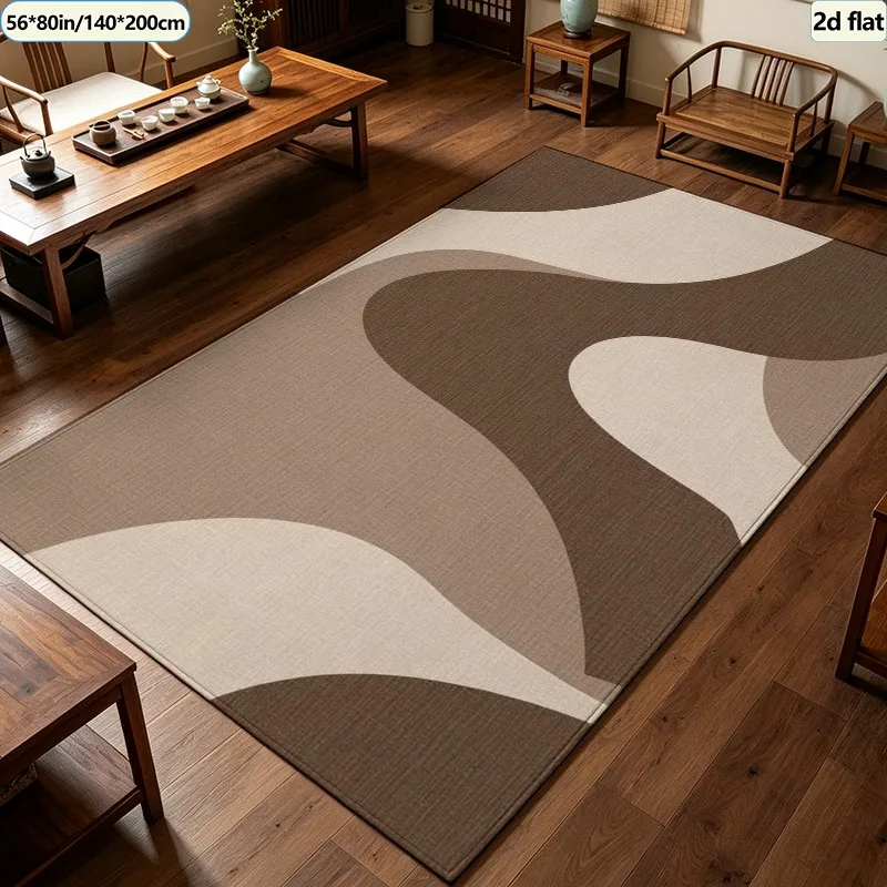 Neutral Abstract Wave Carpet Flooring, Coffee Brown Beige Mid-Century Modern Area Rug Anti-Slip Floor Mat for Living Room Bedroom Home Decor