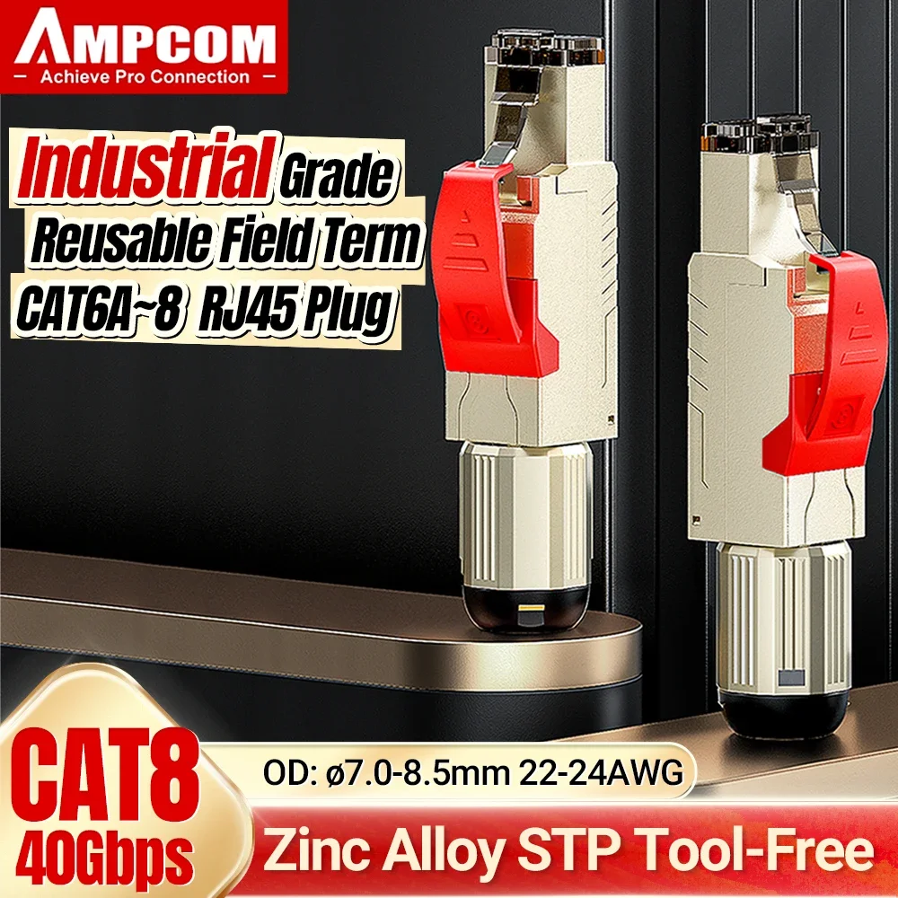 AMPCOM RJ45 Connector,  CAT8 STP Tool Free Shielded Modular Plugs CAT7 CAT6A Zinc alloy Field Termination Plug 40Gbps 2000Mhz