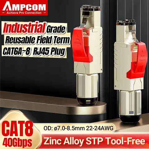 AMPCOM RJ45 Connector, CAT8 STP Tool Free Shielded Modular Plugs CAT7 CAT6A Zinc Alloy Field Termination Plug 40Gbps 2000Mhz