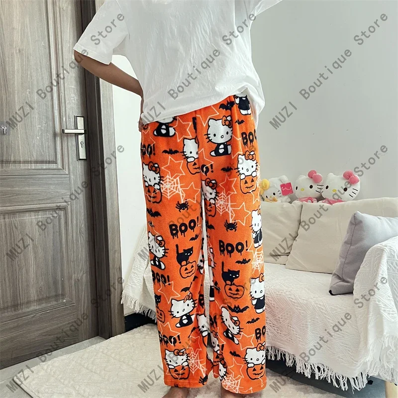 

Halloween Sanrio Hello Kitty Pajama Pants Cartoon Soft Flannel Warm Fashion Women Home Pants Kawaii Girls Trousers Holiday Gifts