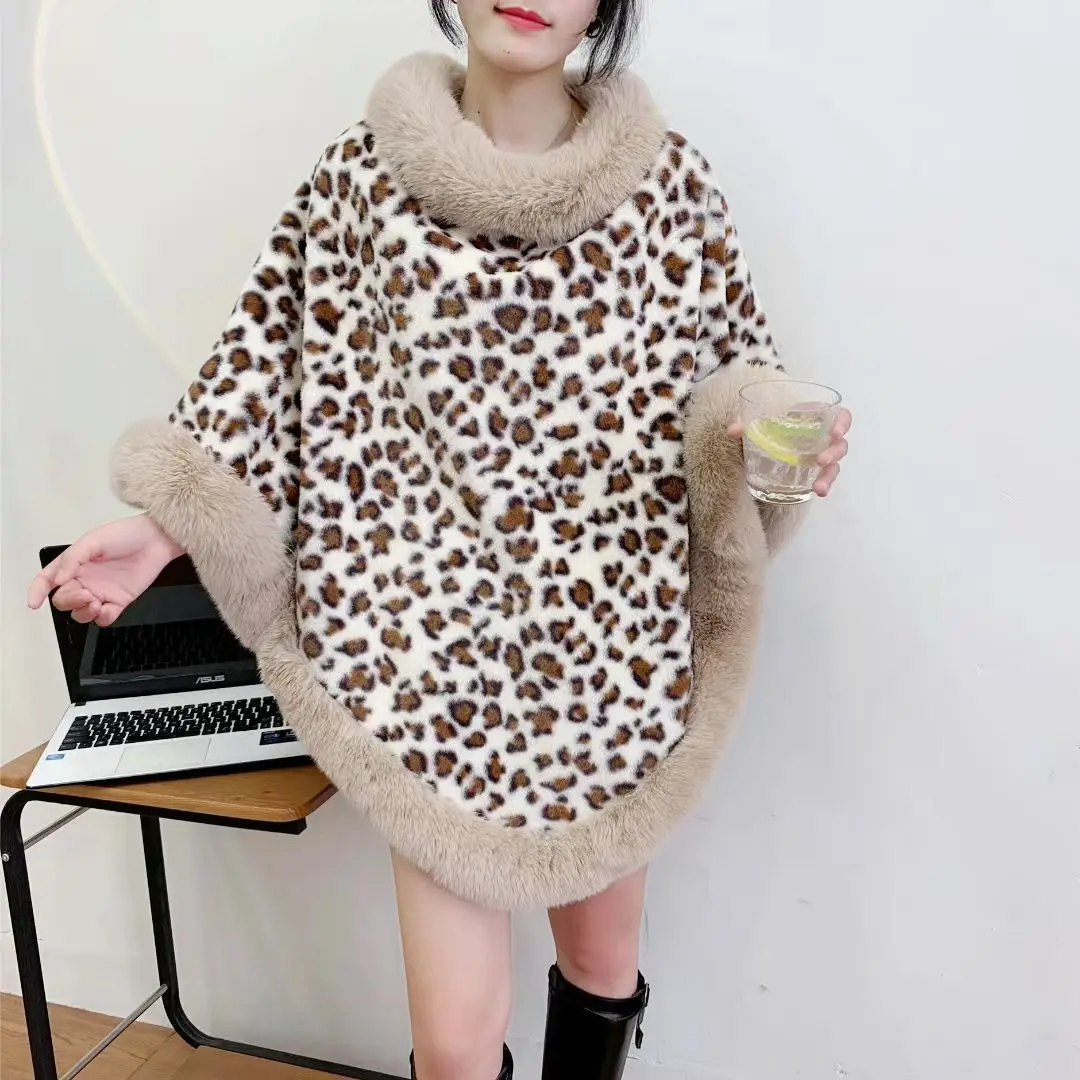 Imagem -02 - Nova Rosa Leopardo Xale Manto Inverno Veludo Grosso Quente Pulôver Streetwear Falso Pele de Coelho Feminino Solto Poncho Cabolsa Cores 2023