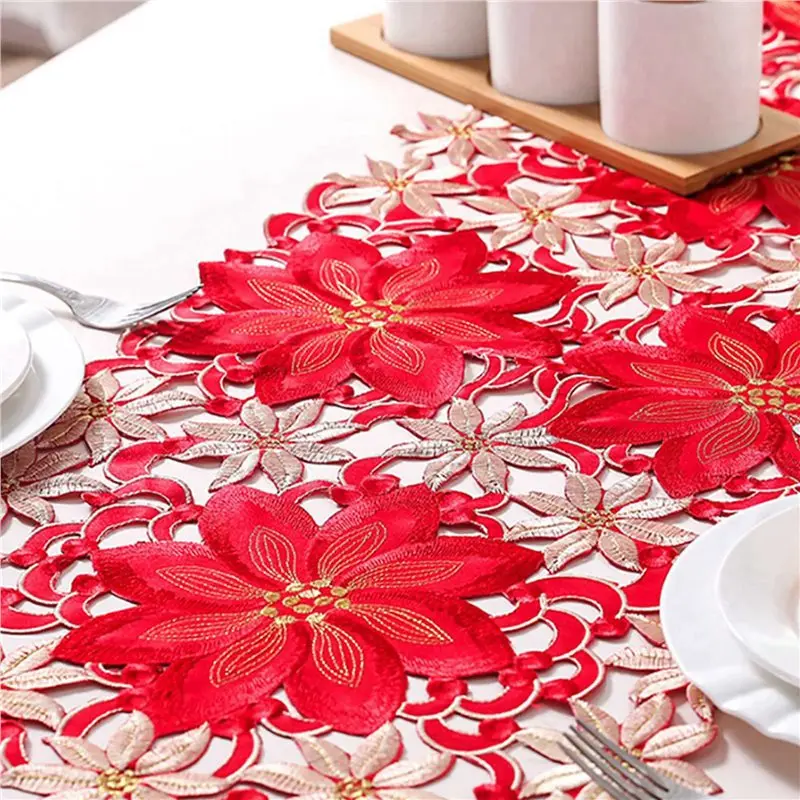 【LAST CHANCE】2X Christmas Table Runner, Poinsettia Holly Leaf Embroidered Table Linens For Christmas Decorations 15 X 59 Inch