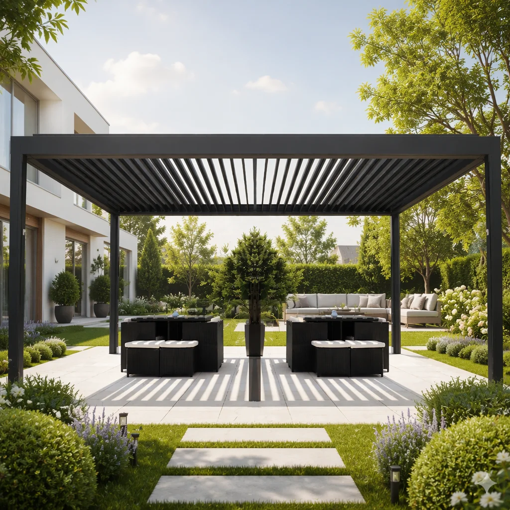 2025 Custom Smart Electric Louvered Pergola LED Lights New Powder Coated Frame