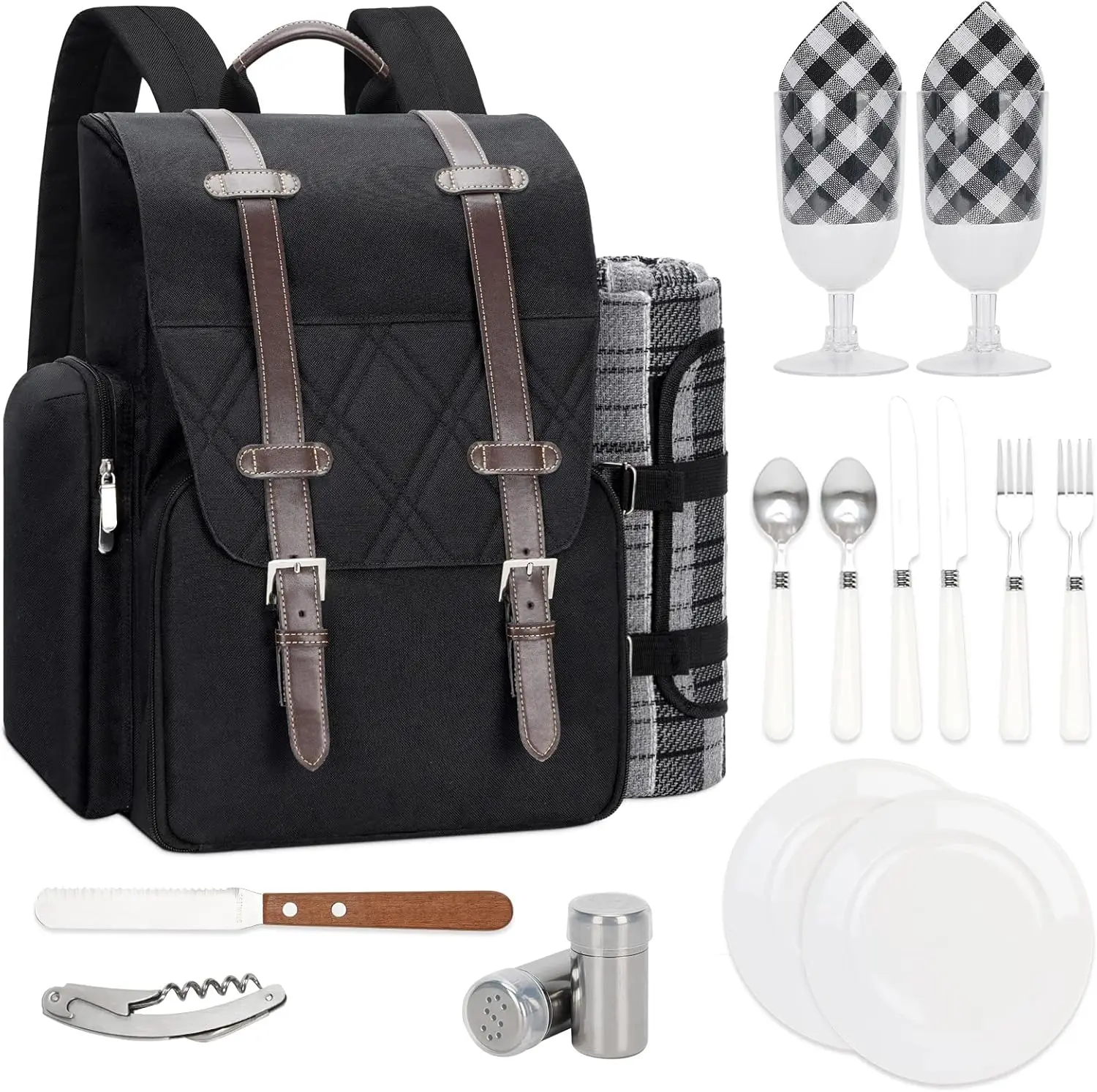 

2-person picnic backpack with large insulated cooler bag, basket set with wine bag, waterproof blanket and cutlery set.