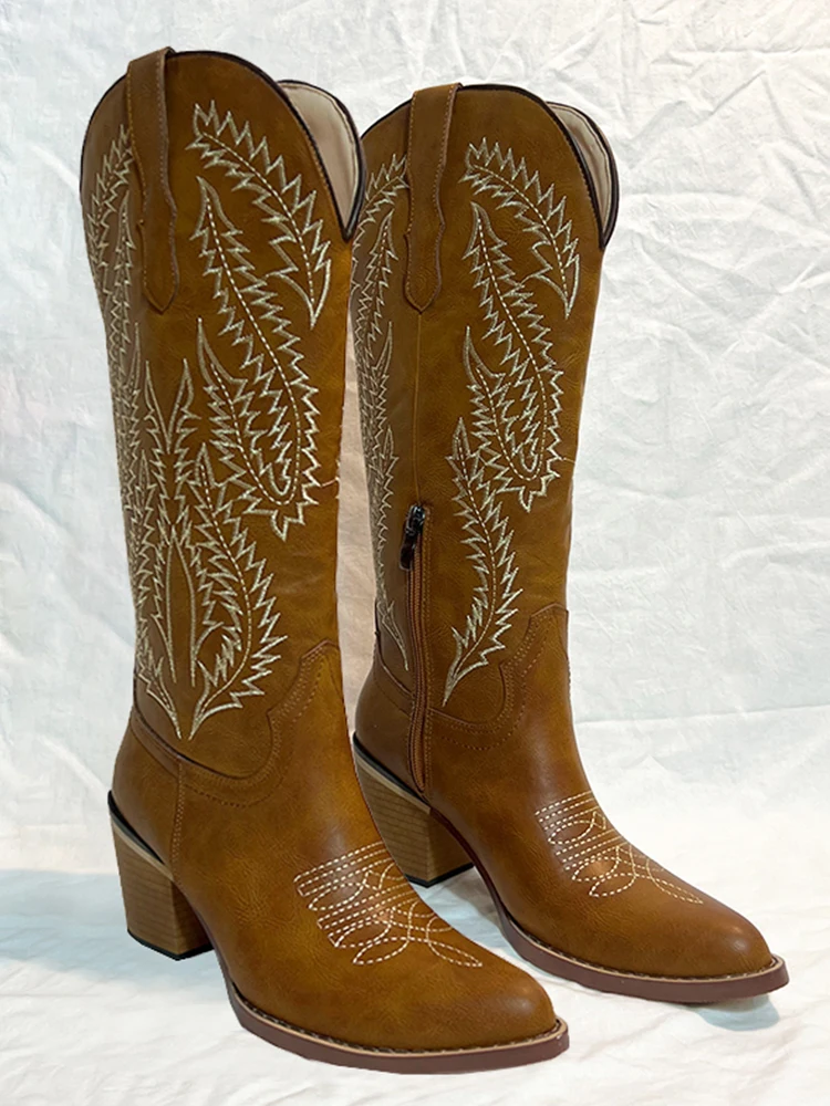 2026 New High-Tube Knee-Length Embroidered Western Boots Versatile Side Zipper Cowboy Boots Retro Heightening Fashion Boots