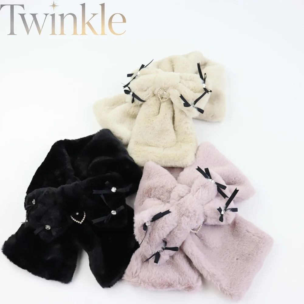 Women Bow Fleece Scarf Winter Warm Faux Rabbit Fur Sweet Cute Cross Wrap Neck Warmer Student