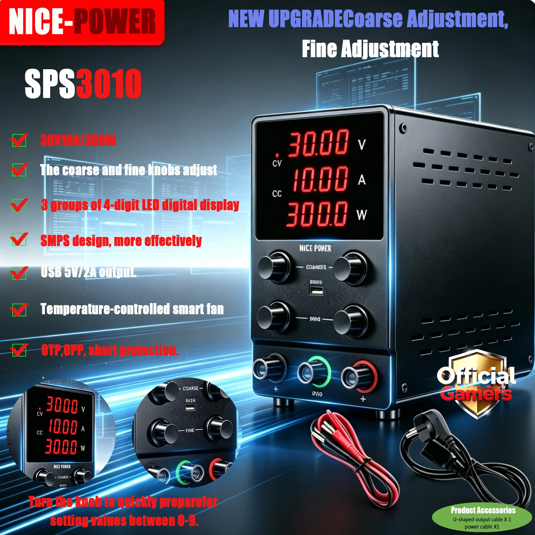 NICE-POWER 30V 10A Adjustable DC Power Supply 24V 60V 72V 120V Lab Power Supply Mobile Phone Repair Power Supply SPS3010 SPS305
