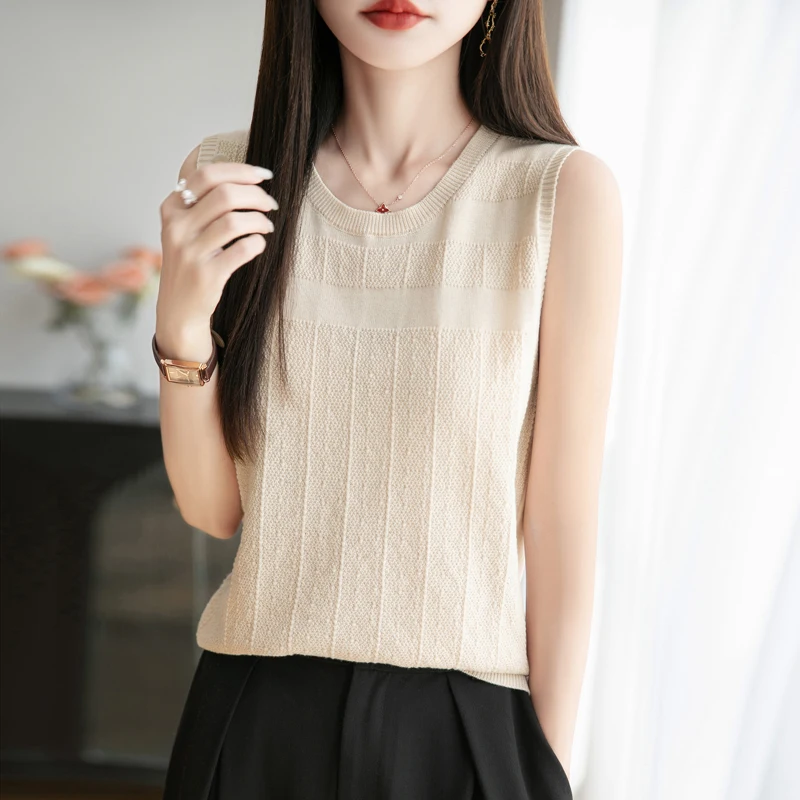 100% reine Baumwolle, gestricktes Damen-Tanktop mit Rundhalsausschnitt, sommerlich, lässig, bequem, atmungsaktiv, geeignet zum Schichten oder zum Einzeltragen.
