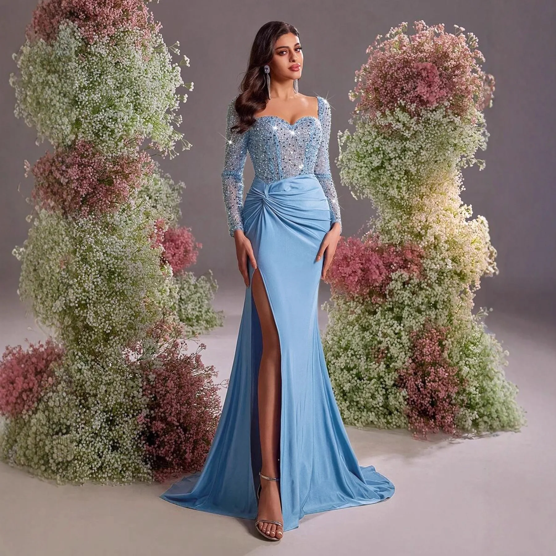 

Slim Big Swing Sexy Banquet Evening Dress with Slit Long Sleeved Elegant Sequin Women's Dress