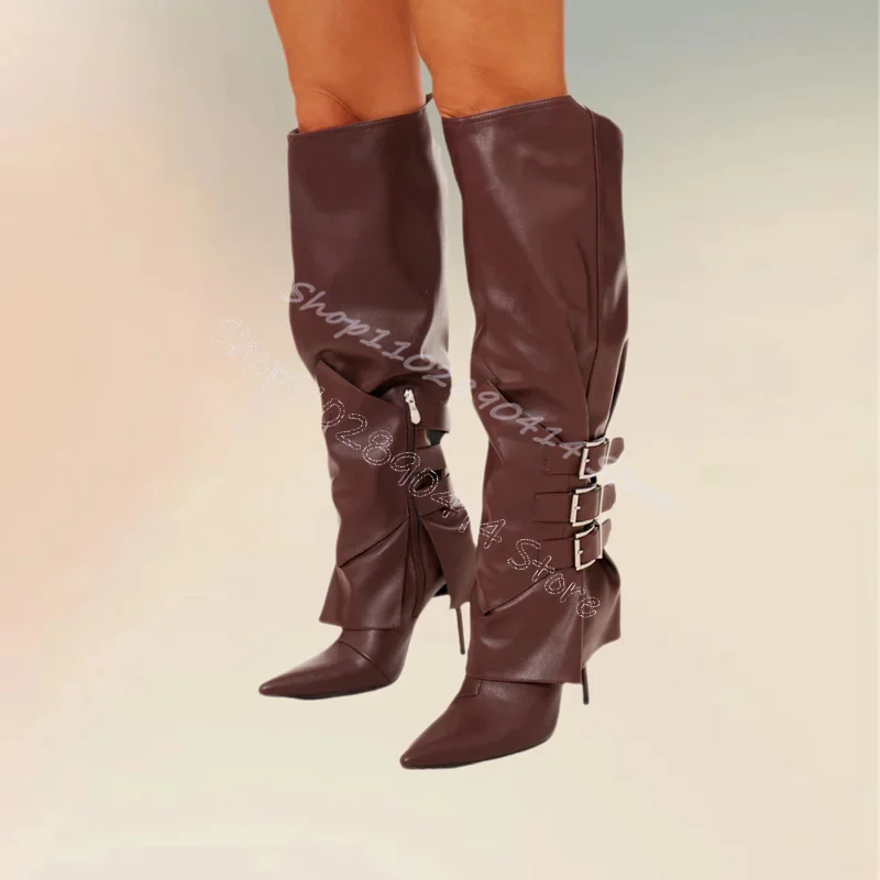 

Burgandy Buckle Decor Turned Over Pointed Toe Boots Side Zipper Women Shoes Thin High Heels Sexy Party 2024 Zapatos Para Mujere