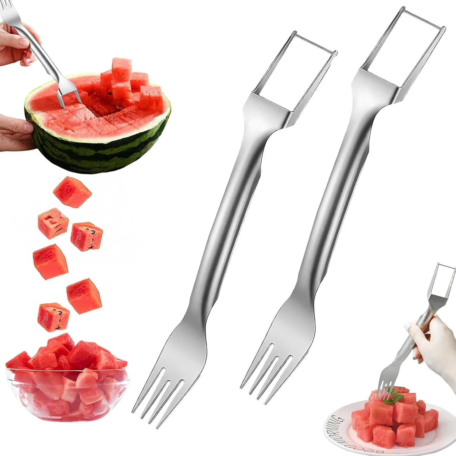 2 Pcs 2-In-1 Watermelon Slicer ,Watermelon  Slicer Tool-Watermelon  Summer,Dual Head Stainless Steel Fruit Forks Slicer ,For Fam