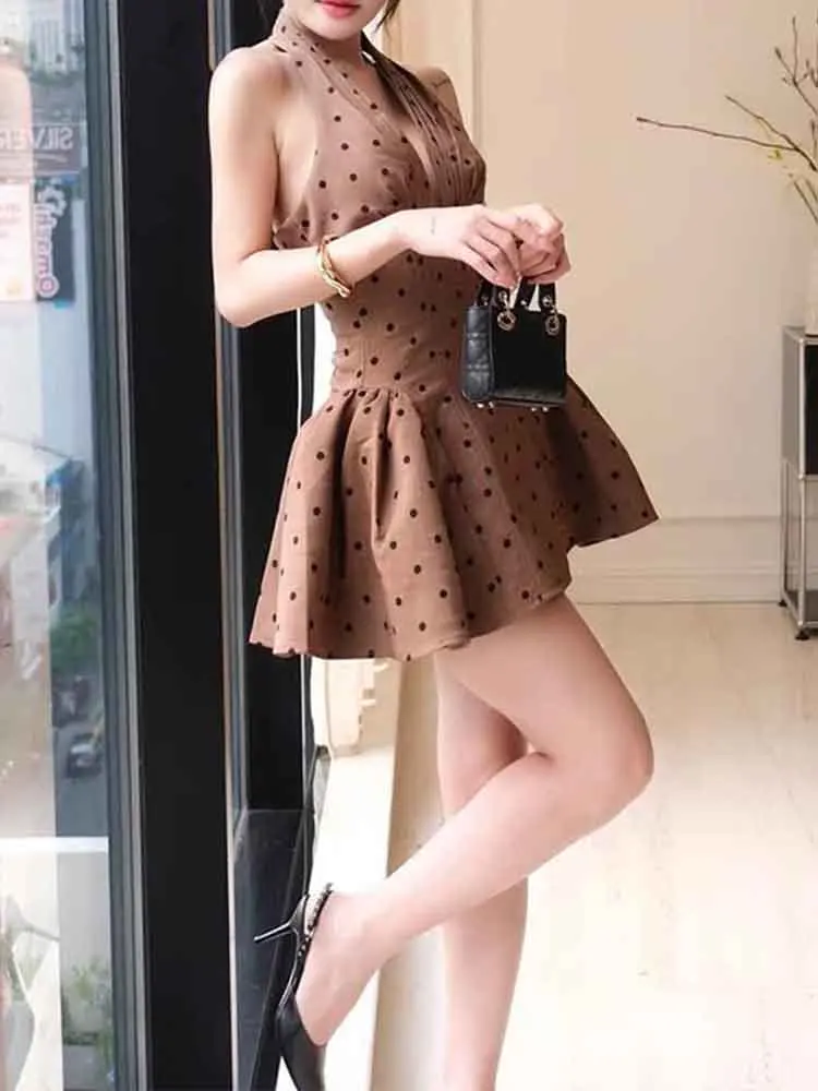 

European style new women's polka dot V-neck hollowed-out slimming halter neck dress A-line short skirt