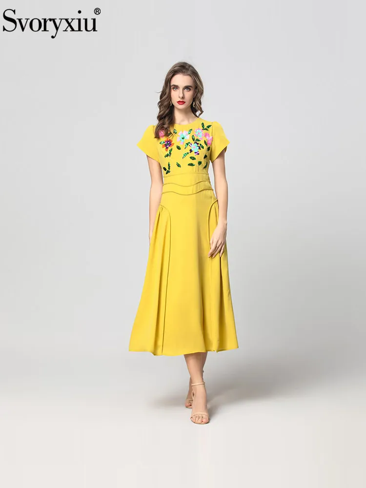 

Svoryxiu Summer Fashion Designer Yellow Elegant Midi Dress Women's O-Neck Short Sleeve Floral Sequins High Waist A-Line Dresses