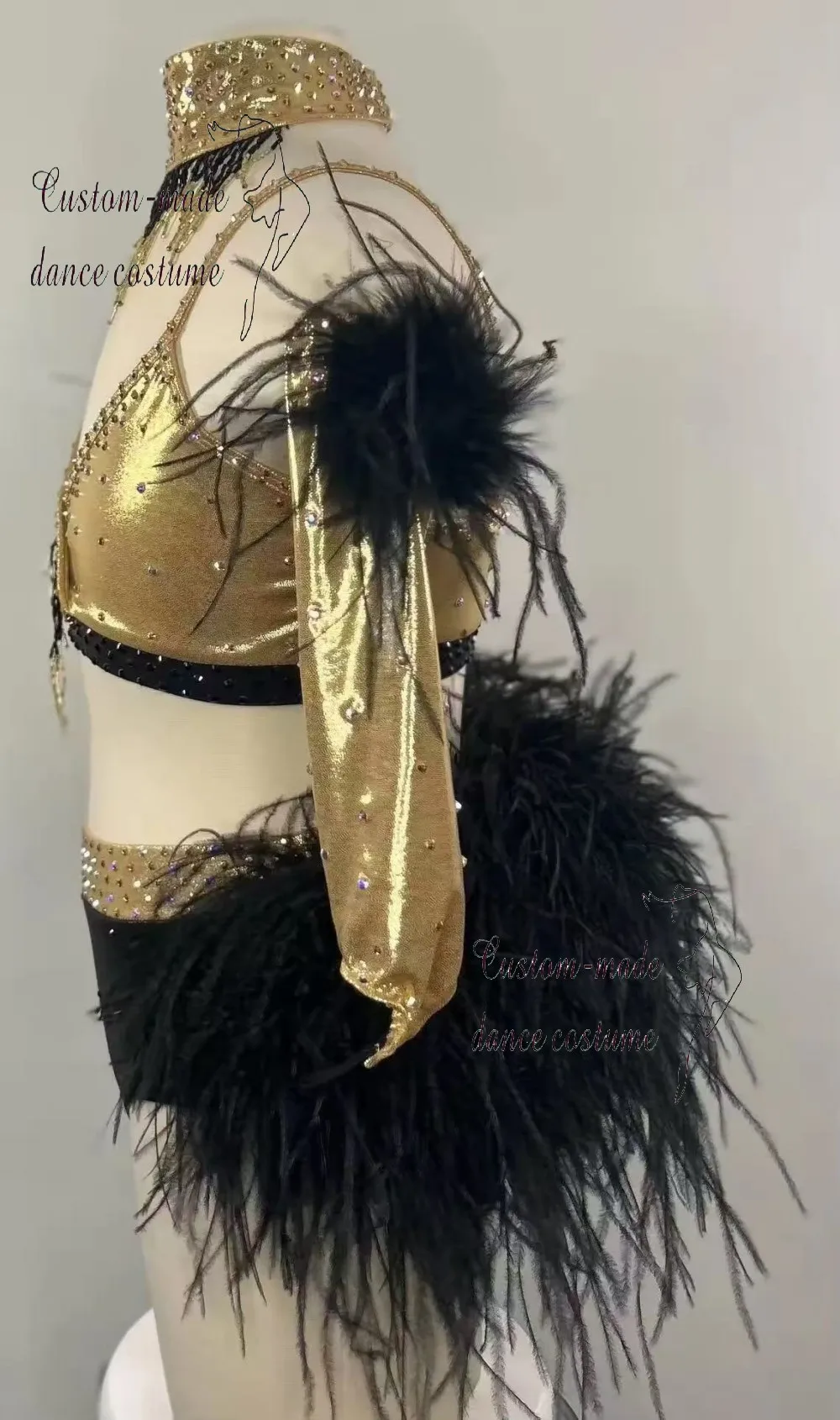 Zwart en goud lyrisch danskledinghemdje met hoge elasticiteit voor dames, verenversieringen en fonkelende strasssteentjes