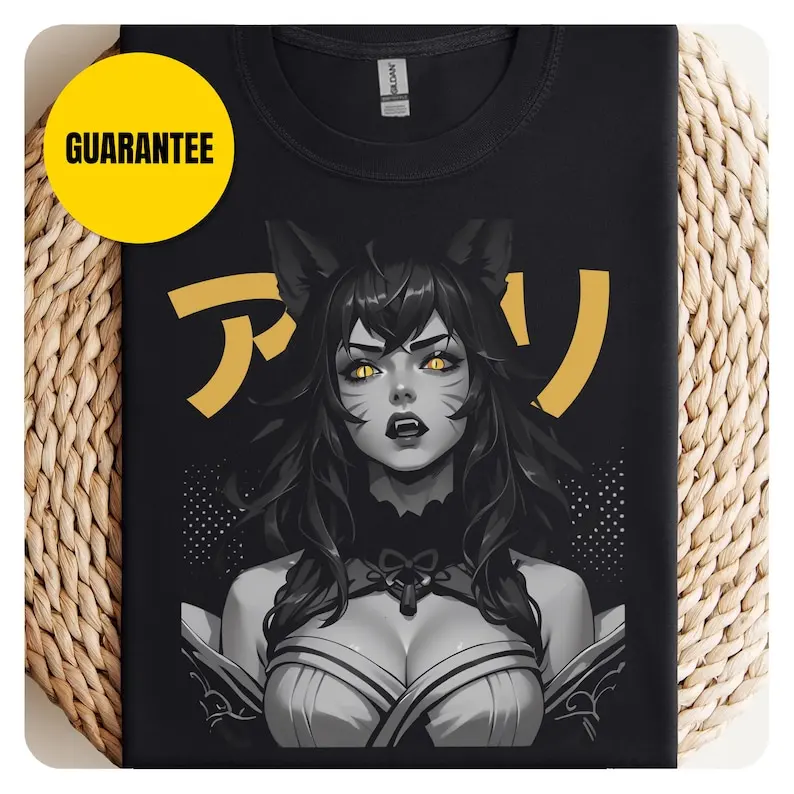 Japanese Style Ahri Shirt KDA tee Shirt of Legends Apparel Monochrome Greyscale, Japanese Aesthetcic