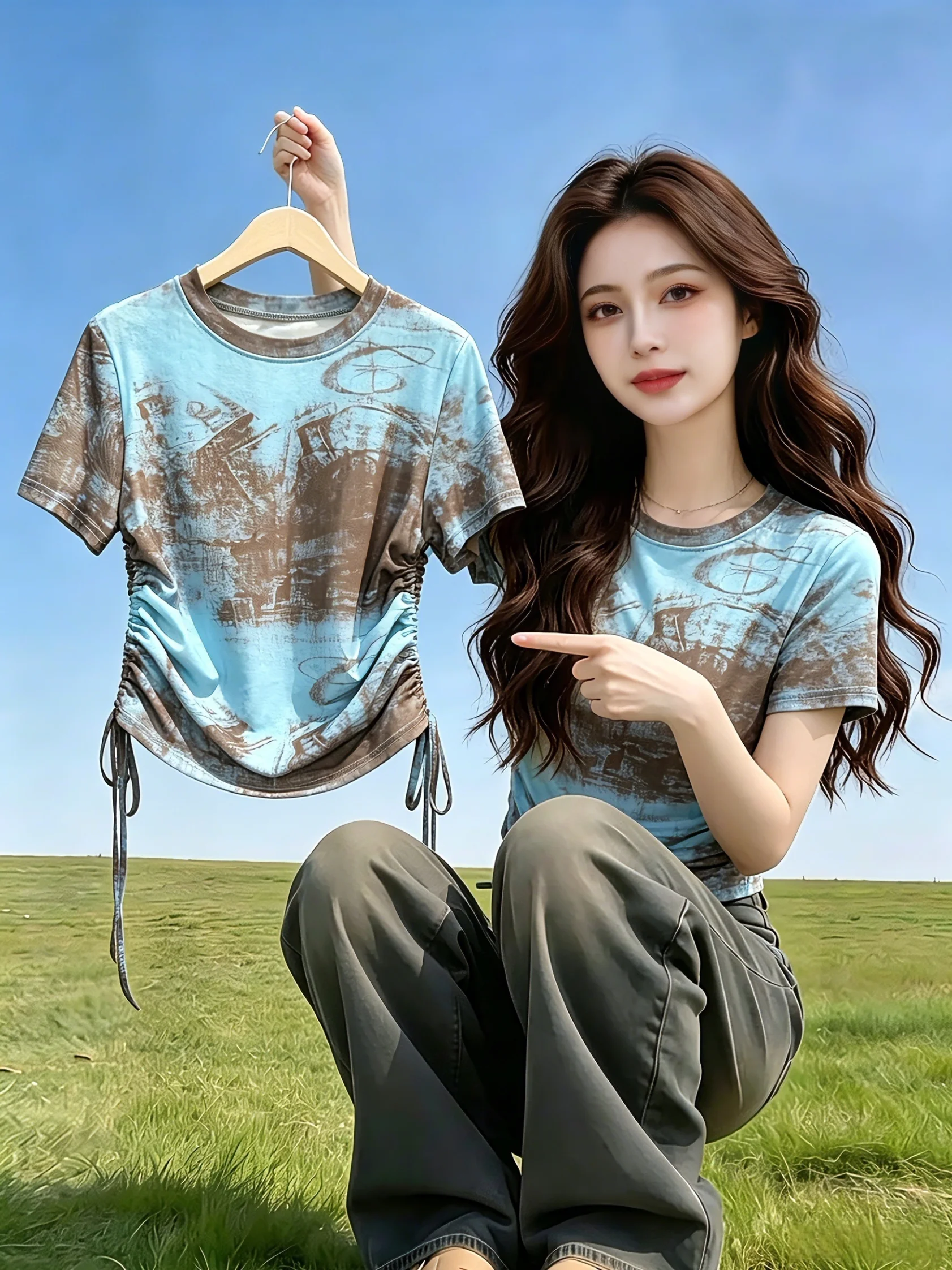 

Summer Style Women's Short Sleeve T-Shirt with Drawstring Mesh Top Slimming Effect Korean Version Commute Print Design