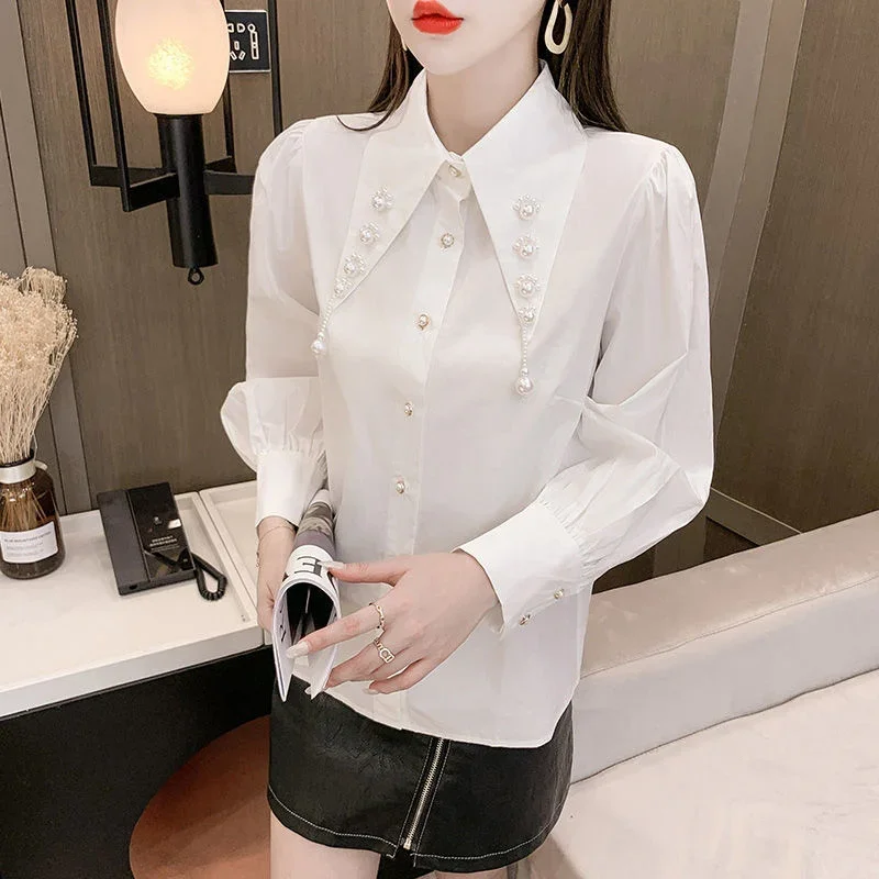 Blusa blanca de manga larga para mujer, camisa holgada con botones, elegante, Retro, moda coreana, Otoño, D52