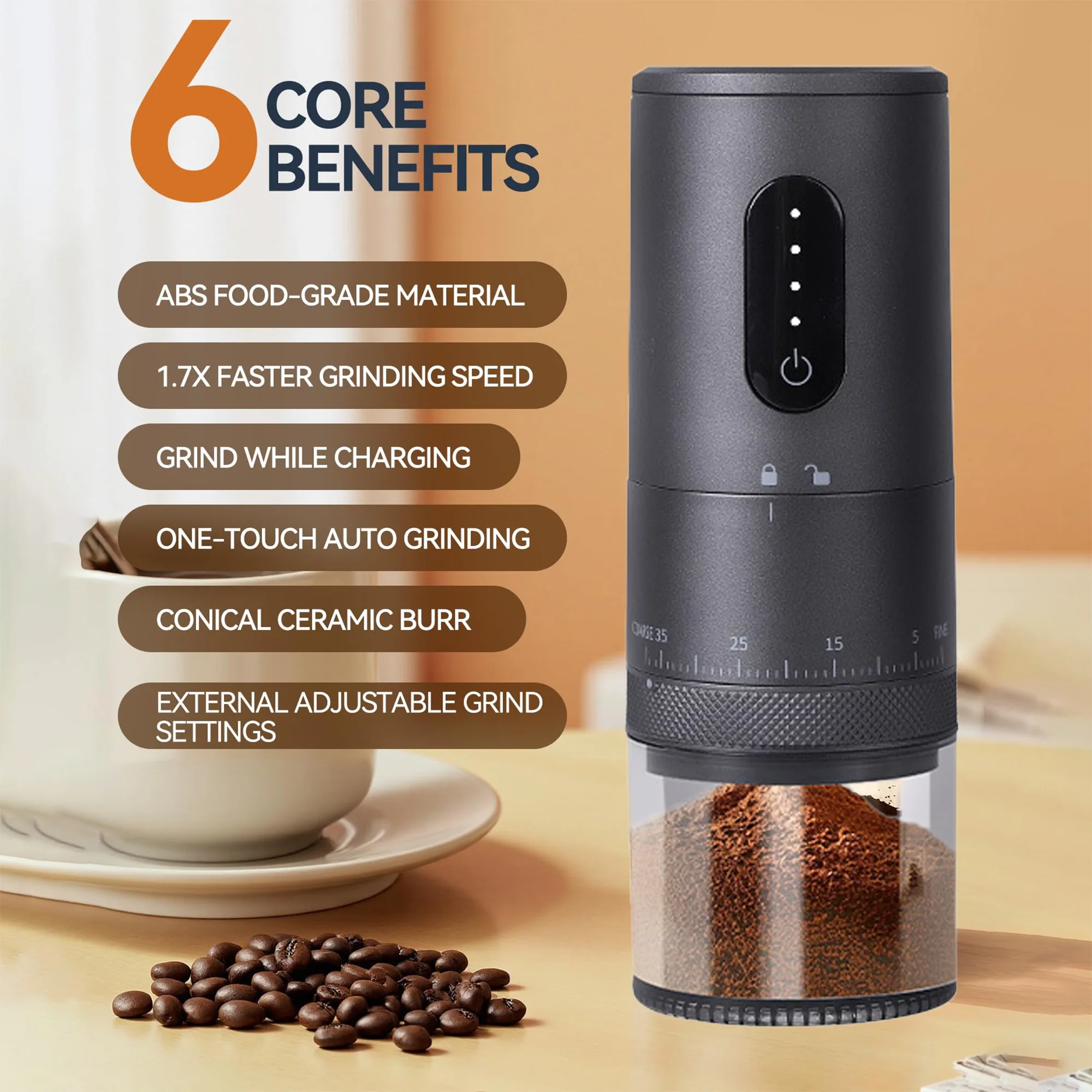 Portable Electric Coffee Grinder USB‑C Rechargeable Ceramic Burr Adjustable Grind Size Coffee Bean Mill for Home Camping Travel view 3