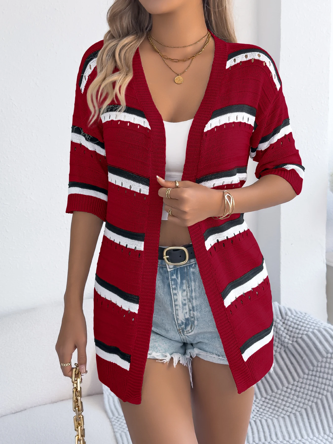 

Women's Color Block Stripe Cardigan for Spring Summer Casual Hollow Out Short Sleeve Knitted Tops Red 2026 Woman Fashion Clothes