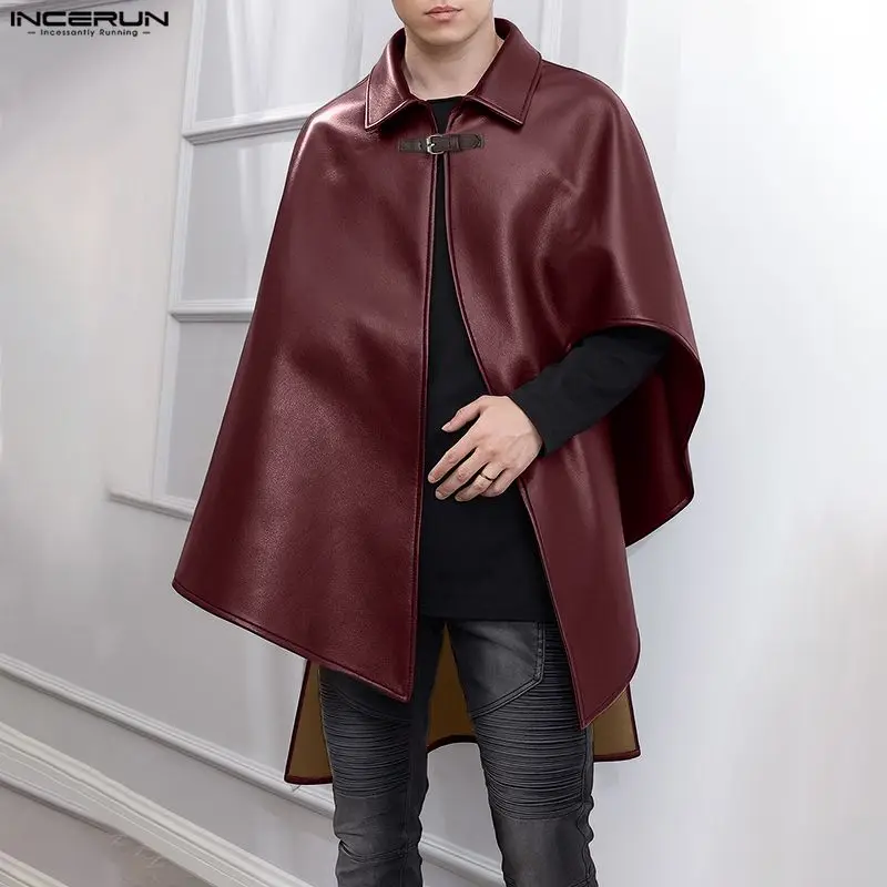 

INCERUN мужской нерегулярный Тренч однотонный плащ накидка с лацканами из искусственной кожи повседневные мужские пальто уличная одежда 2025 модные свободные пончо мужские
