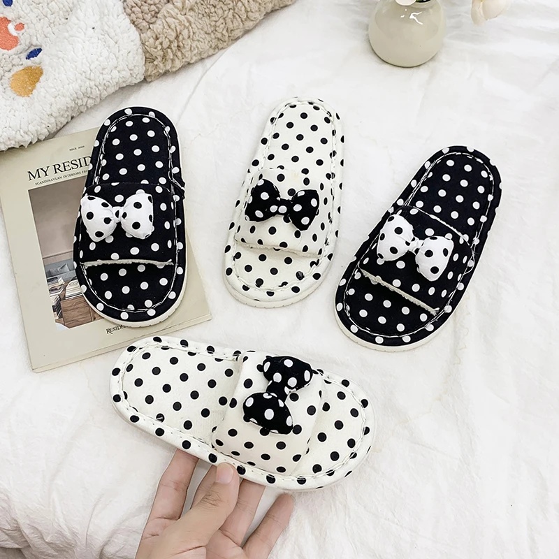 Winter Kids Open‑Toe House Slippers Polka Dot Bow Toddler Girls Causal Shoes Soft Non-slip Bottom Children Home Flat Slippers