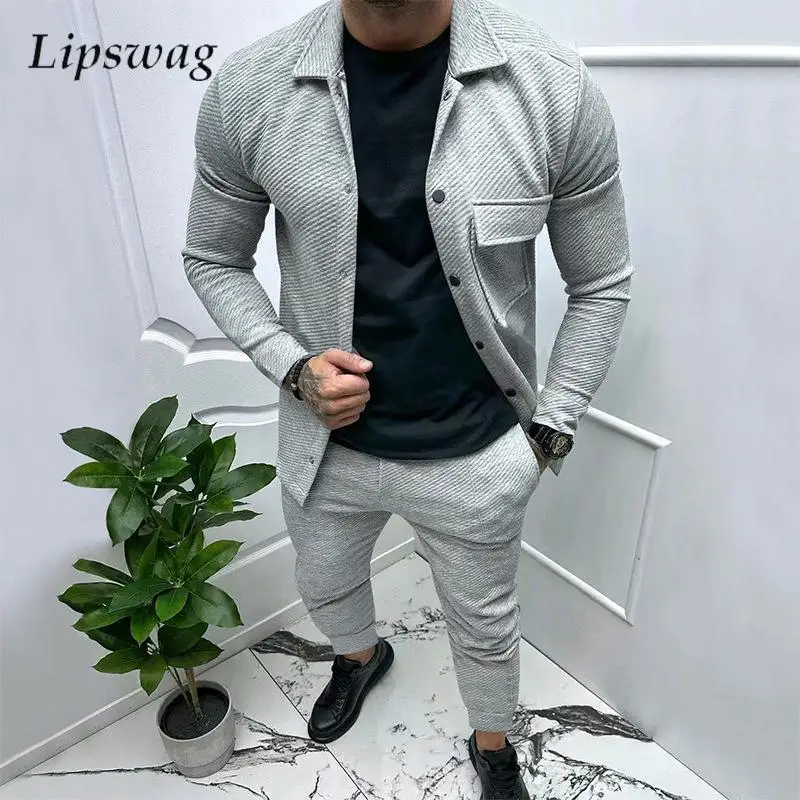 

Vintage Solid Color Textured Outfits Mens Casual Two Piece Suits Long Sleeve Jacket And Pants Tracksuits Men Fall Fashion Sets