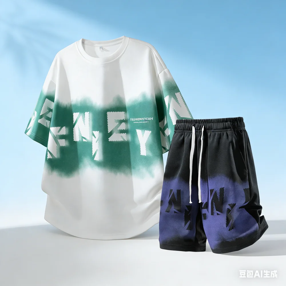 

American-style high street short-sleeved T-shirt, men's shorts, casual tie-dye set, men's summer two-piece outfit, complete set