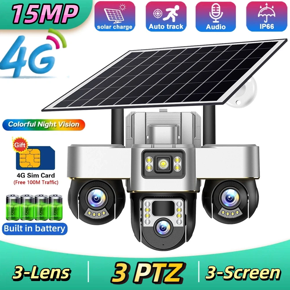 

15MP 3 PTZ Solar Camera HD 4G 3 Lens 3 Screen PIR Human Detect Outdoor Surveillance Camera Night Vision CCTV Security Protection
