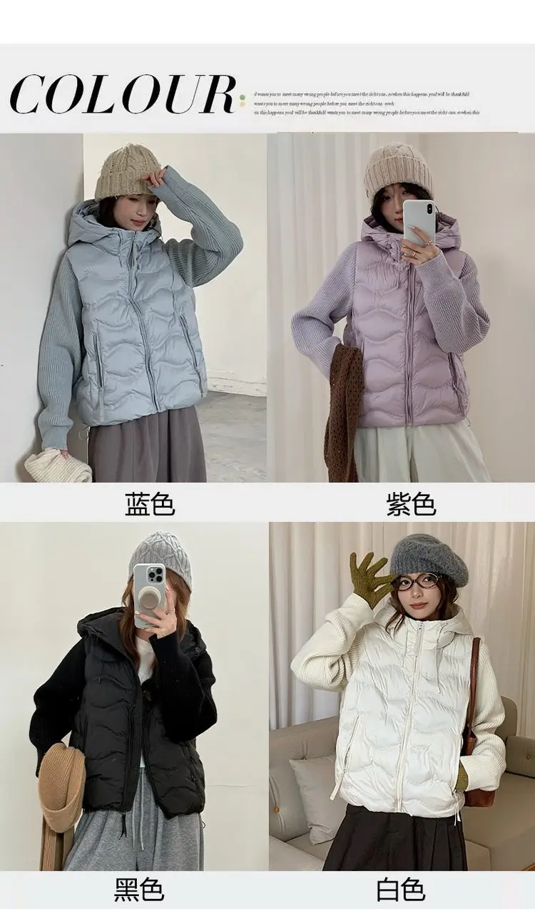 Solid Knitted Long Sleeve Cotton Jacket Autumn Winter Hooded Lightweight Warm Puffer Jackets Female Zipper Short Padded Parkas