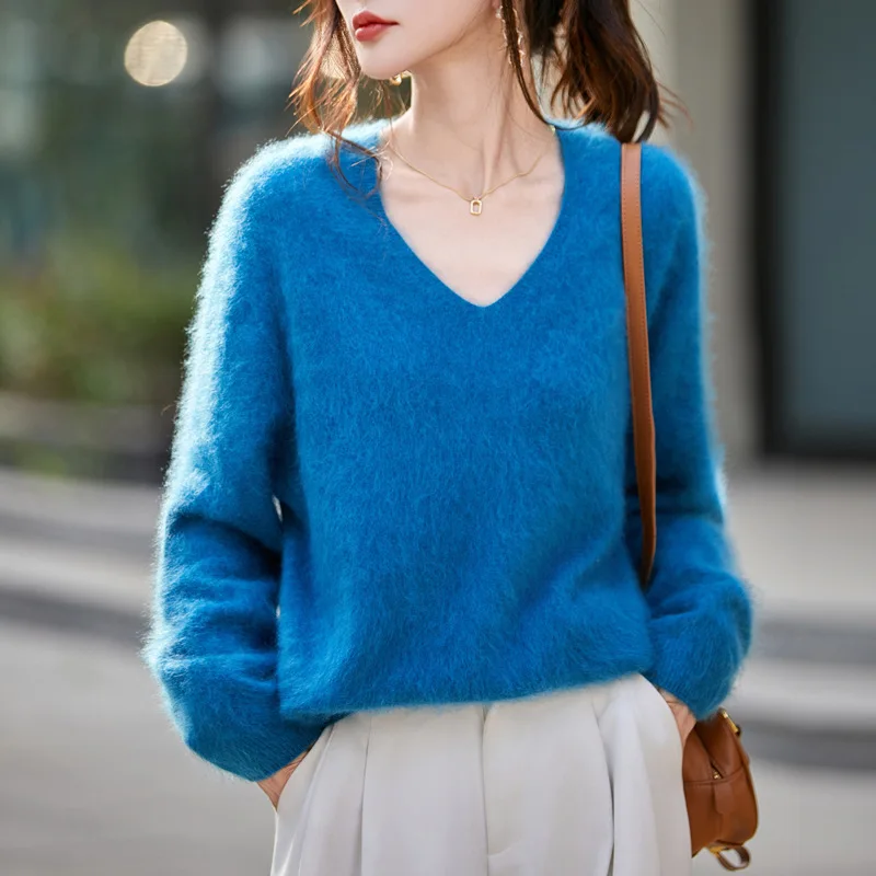 

2024 Autumn Winter New Cashmere Wool Blend Knitted Sweater Long Sleeve Women'S Brushed Sweater