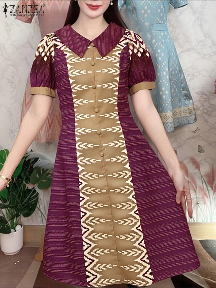 

ZANZEA Vintage Printed Sundress Fashion Short Sleeve Women Dress Casual Turn-Down Collar Buttons Vestidos 2025 A-Line Robe Femme