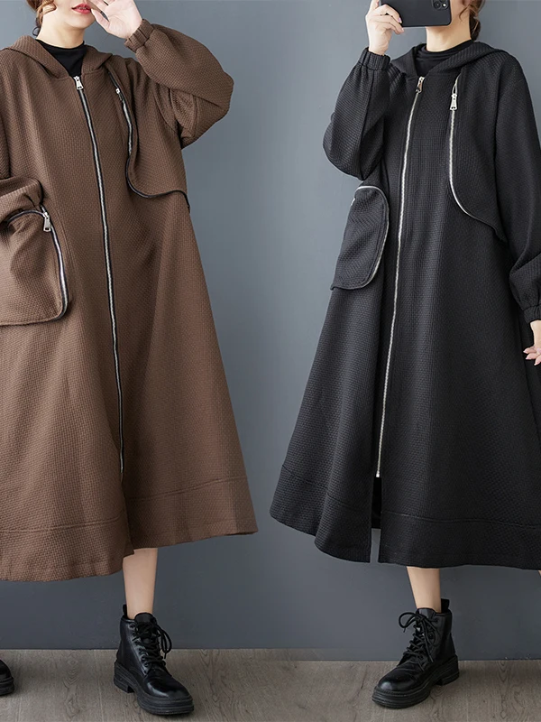 Fashionable Hooded Zipper Women's Coat Autumn Winter Thickened Outerwear with Pockets Irregular Design Commute Style Lantern ...