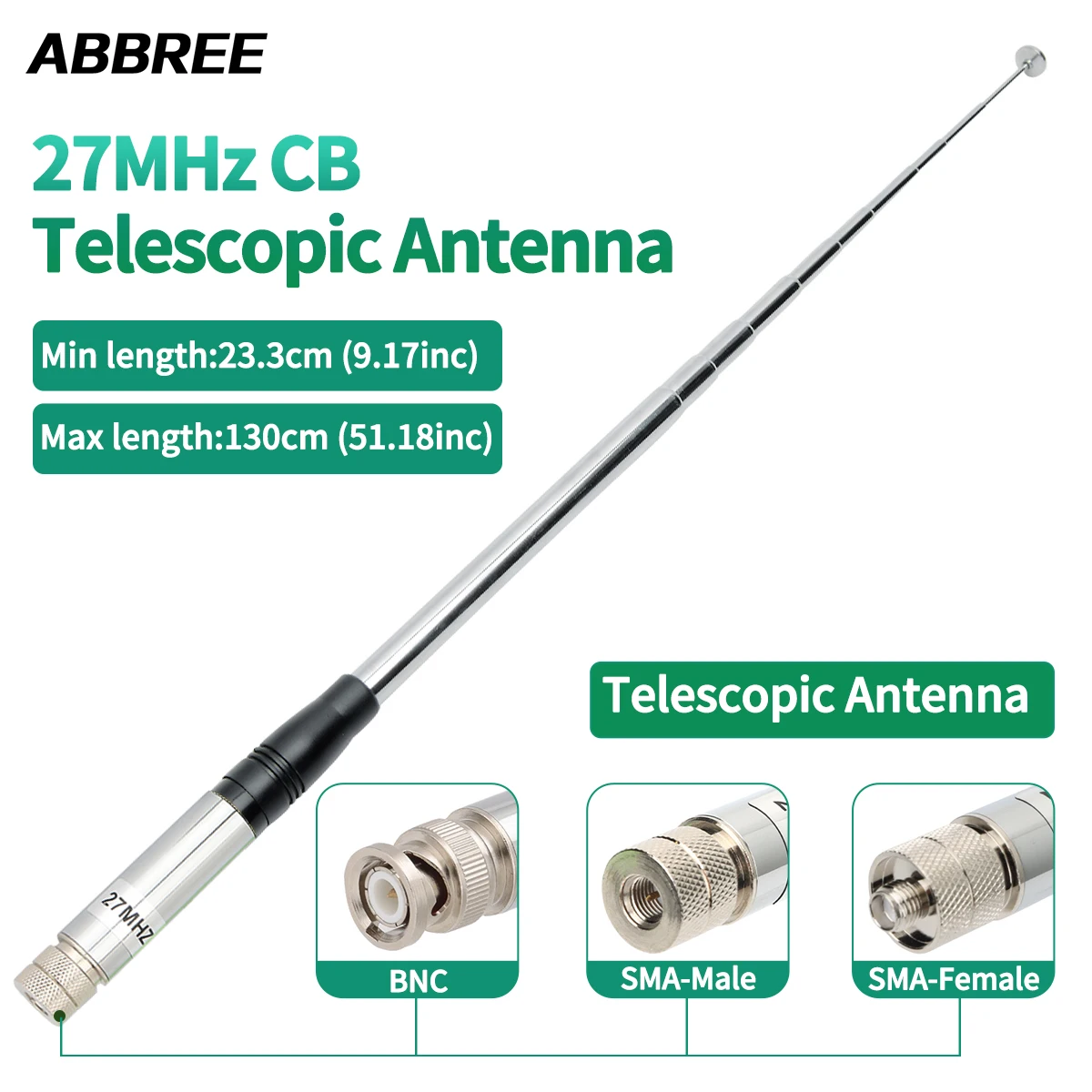 ABBREE 휴대용 텔레스코픽 CB 안테나, Quansheng UV-K5 baofeng UV-K61 워키토키용, 27MHz SMA-암, SMA-수, BNC 20W 