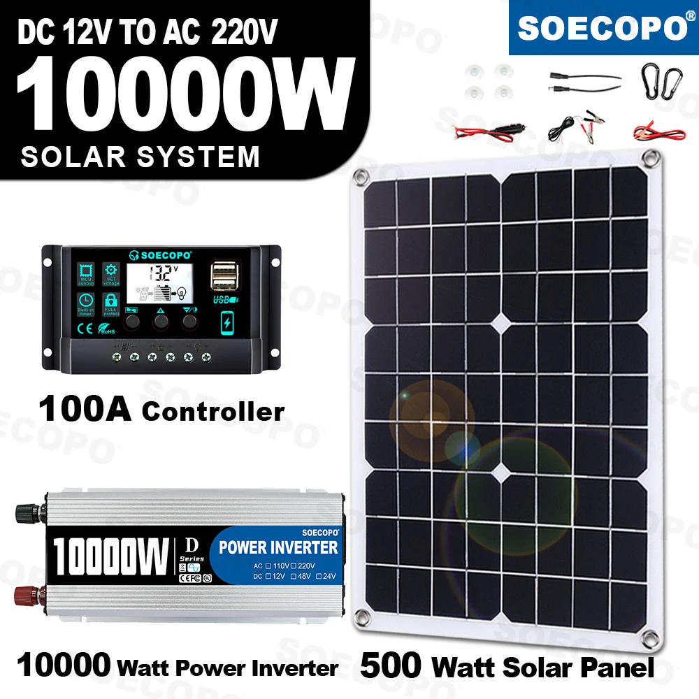 10000W Solar Generator Kit 500W Panel 100A Controller 12V to 220V Off-Grid Inverter for Home/RV Whole House Backup CE Certified