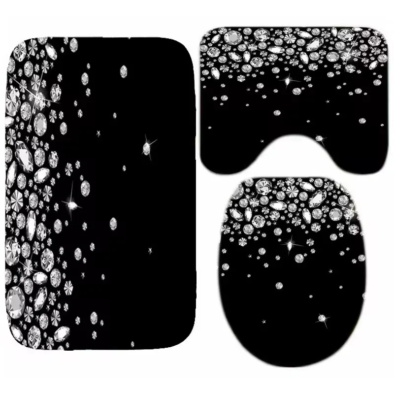 Black Glitter Jewelry Falling Gems Sparkle Bathroom Mats Set 3PCS Shiny Diamond Design Bath Rug Set for Toilet Accessories Decor