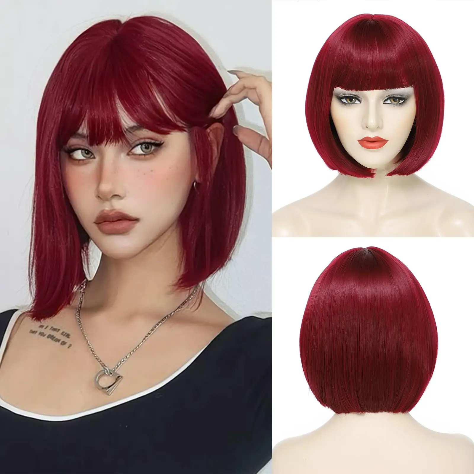 

Fashion wine-red bob hairstyle synthetic wig for party, Halloween cosplay wig, daily high-temperature hair extension set