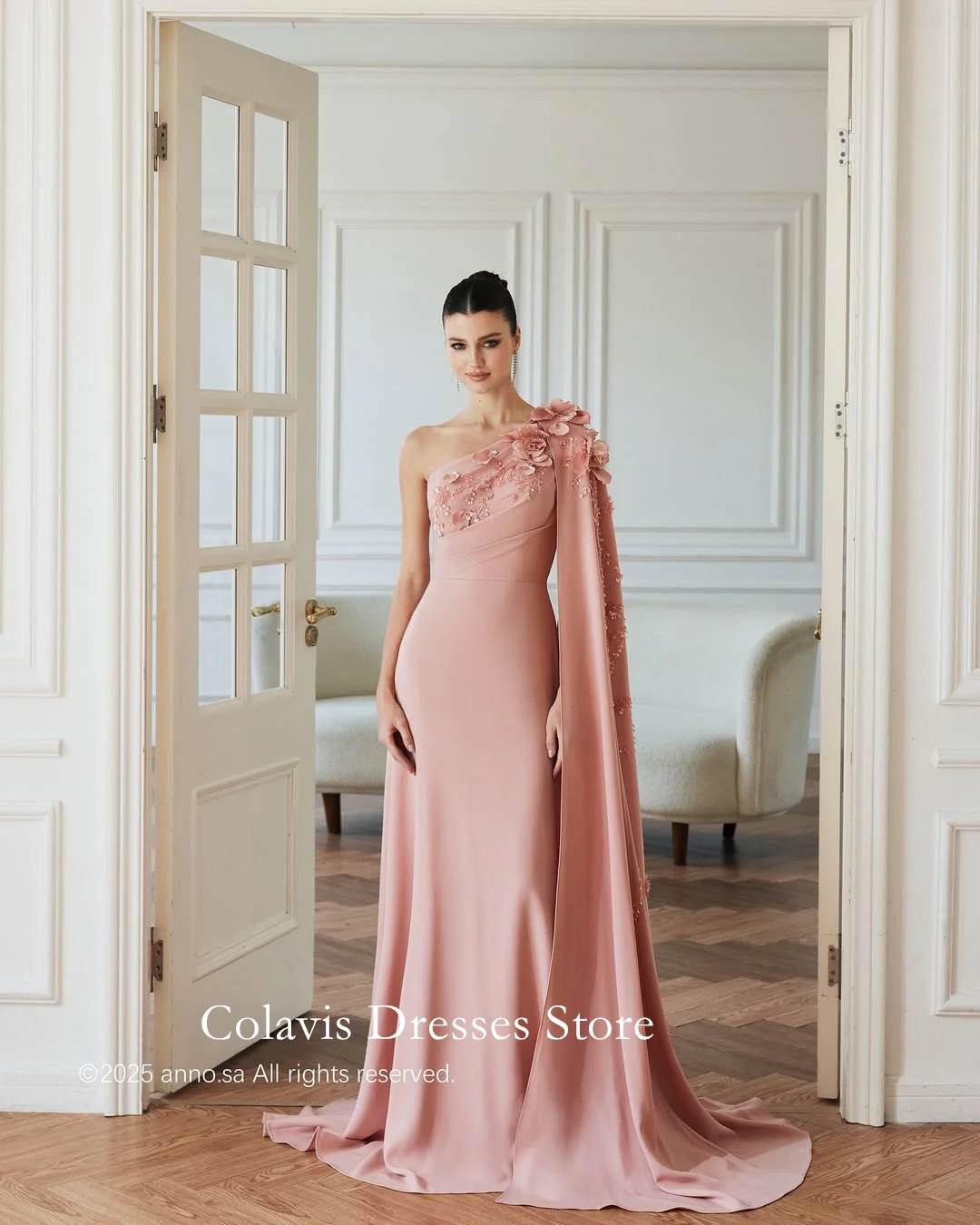 

OIMG Dubai One-Shoulder Customized Crepe Prom Dresses Evening Dress Pink A-Line Beading Women Evening Gowns Formal Party Dress