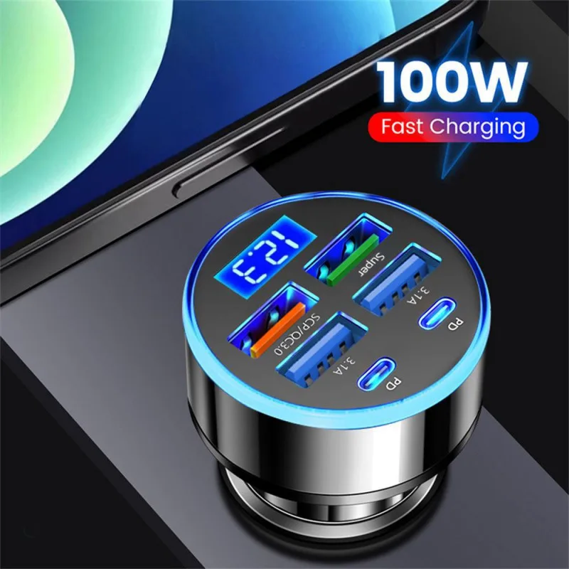 100W 6 Ports Car Charger Fast Charging USB Type C Car Lighter PD QC3.0 Car Phone Charger For iPhone Samsung Huawei Xiaomi