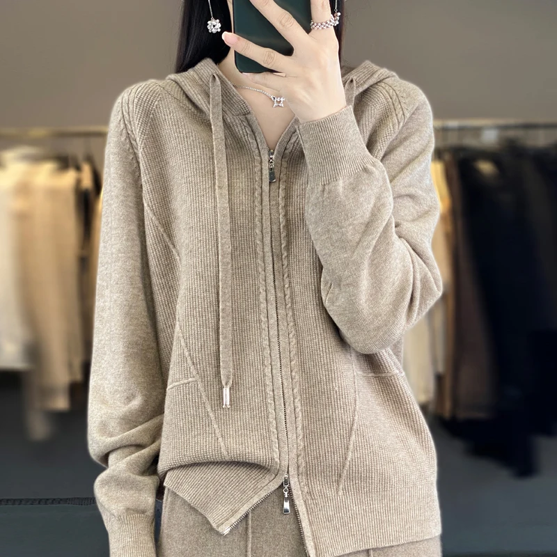 2023Autumn And Winter New Women's Cashmere Sweater Solid Hooded Cardigan Fashion Sweater Women Cardigan Thickening Knitted Women