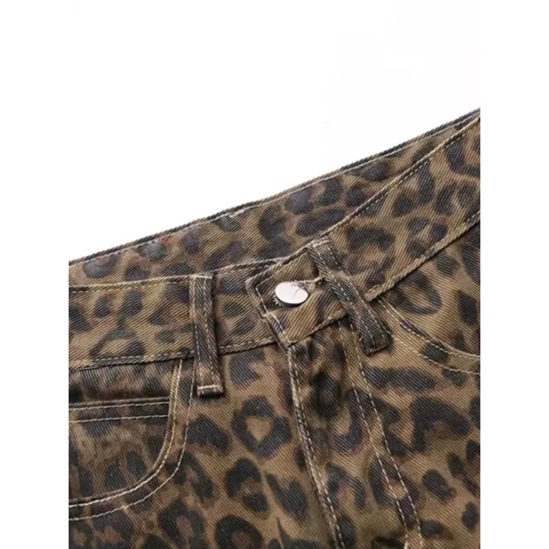 Amerikanische Vintage-Jeans mit Leopardenmuster, weiblich, Herbst und Winter, neues Design, Sinn für kleine gerade Röhrenoveralls, Freizeithosen