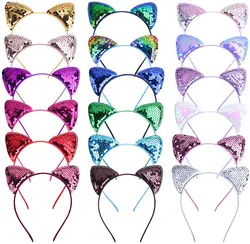 Cat Ear Headbands Reversible Shiny Sequin Hairband Kitty Headband Shine Sequins Hair Hoops for Women and Girls