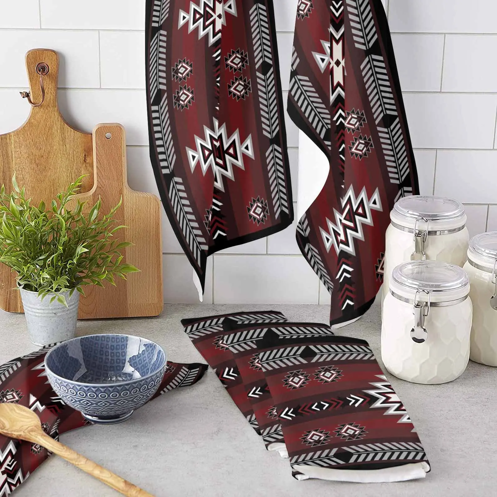 Bohemian Aztec Rural Farmhouse Black Red Kitchen Towel Absorbent Dish Cloth Tableware Towel for Kitchen Household Cleaning Tool