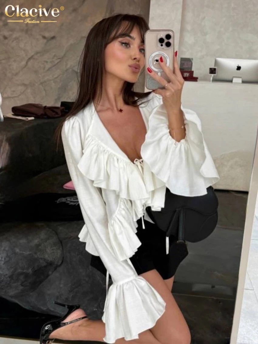 بلوزة نسائية بيضاء فضفاضة على الموضة من Clacive 2025 قميص مثير بياقة على شكل v وأكمام طويلة أنيق كلاسيكي مكشكش ملابس علوية متينة ملابس نسائية