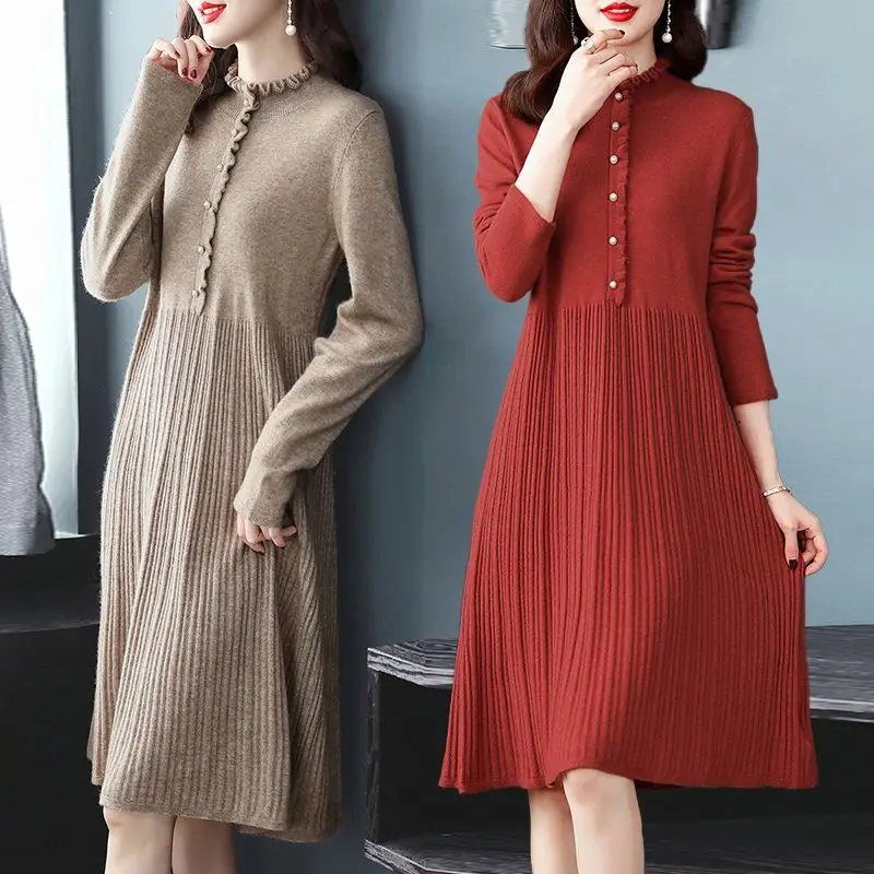 

Oversize Women Knit Dress Autumn Winter Clothes 2023 New Fashion Fungus Edge Button O-neck Patchwork Folds Female Sweater