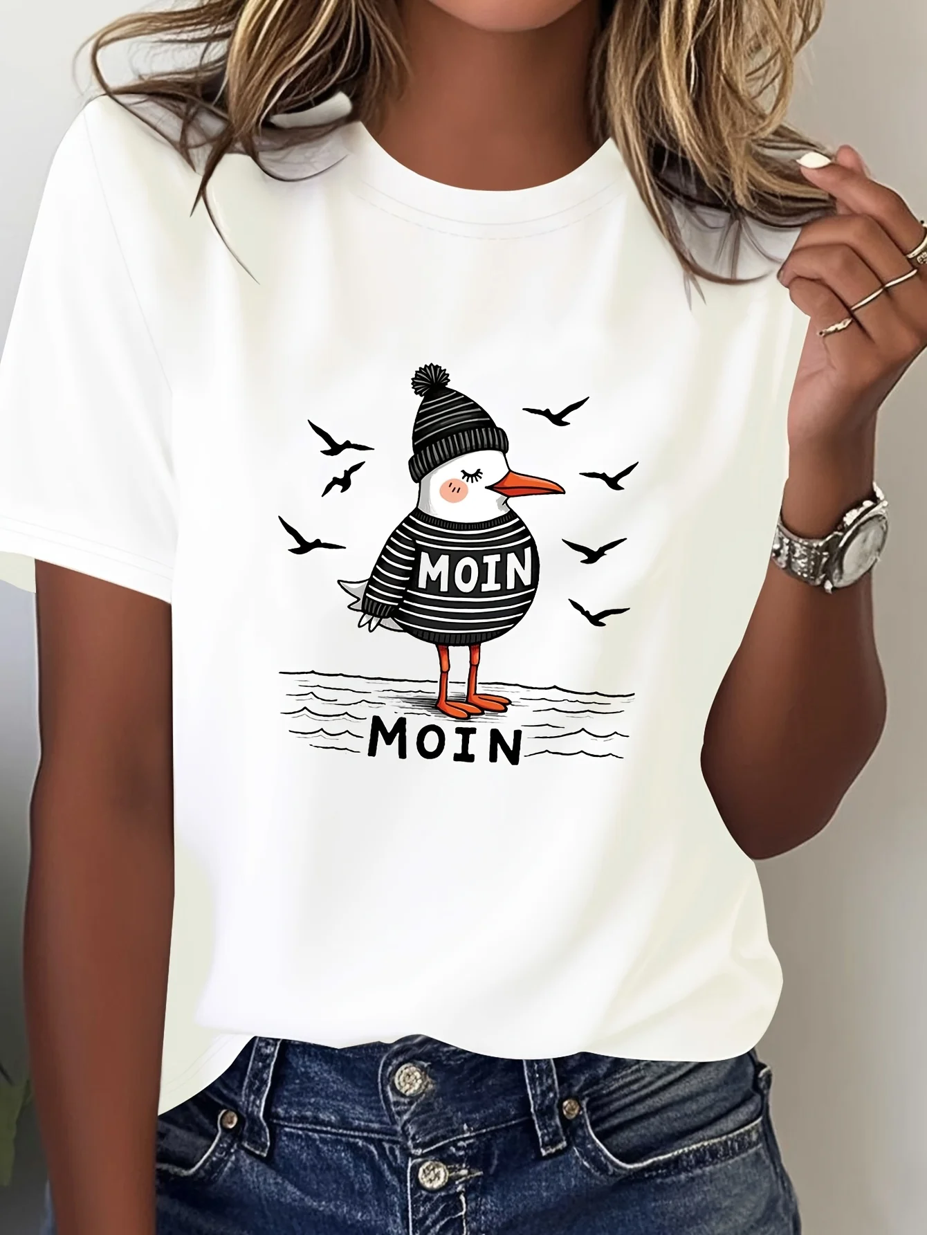 Northern German Greeting MOIN Striped Seagull Wave Graphic Print Women's T-shirt Short Sleeve Crew Neck Casual Top for Summer