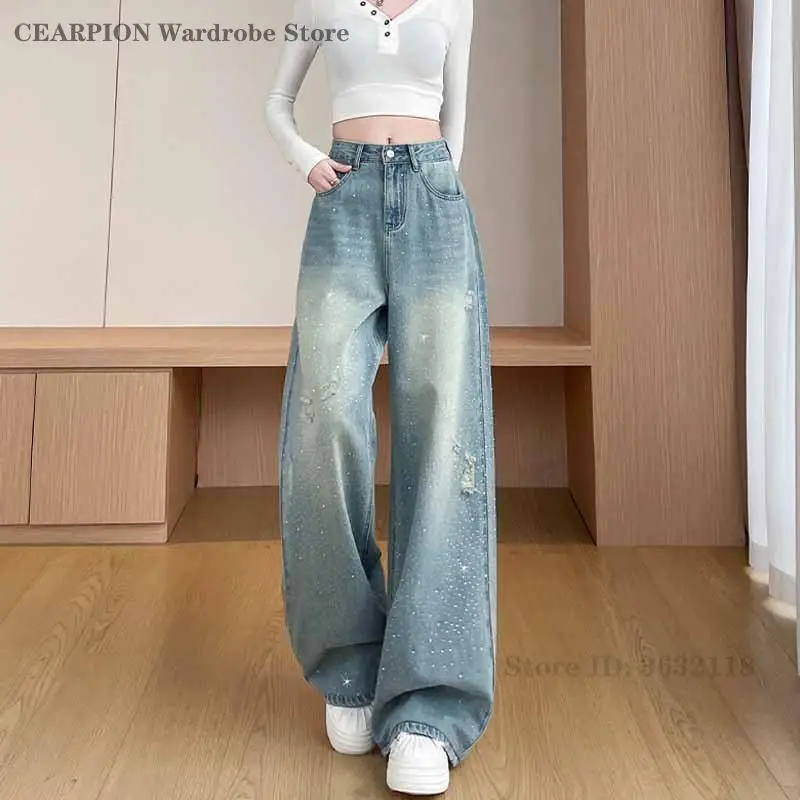 Flared High Waist Distressed Patchwork Jeans Personality Meteor Shower Diamond Hot Stamping Design Straight Casual Trouser