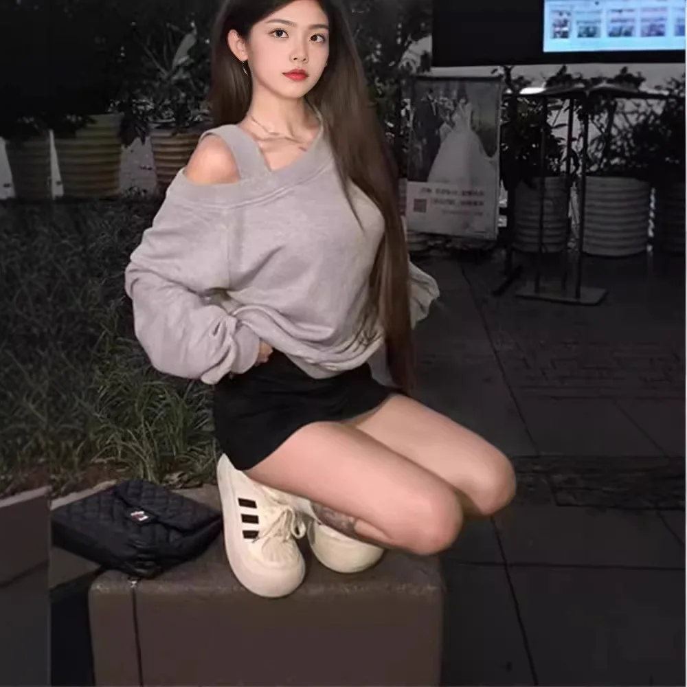 Gray Shoulder-baring Long Sleeve Sweatshirt Loose Fit Casual round Neck Spring Autumn Thin Style Women's Comfortable Leisure Top