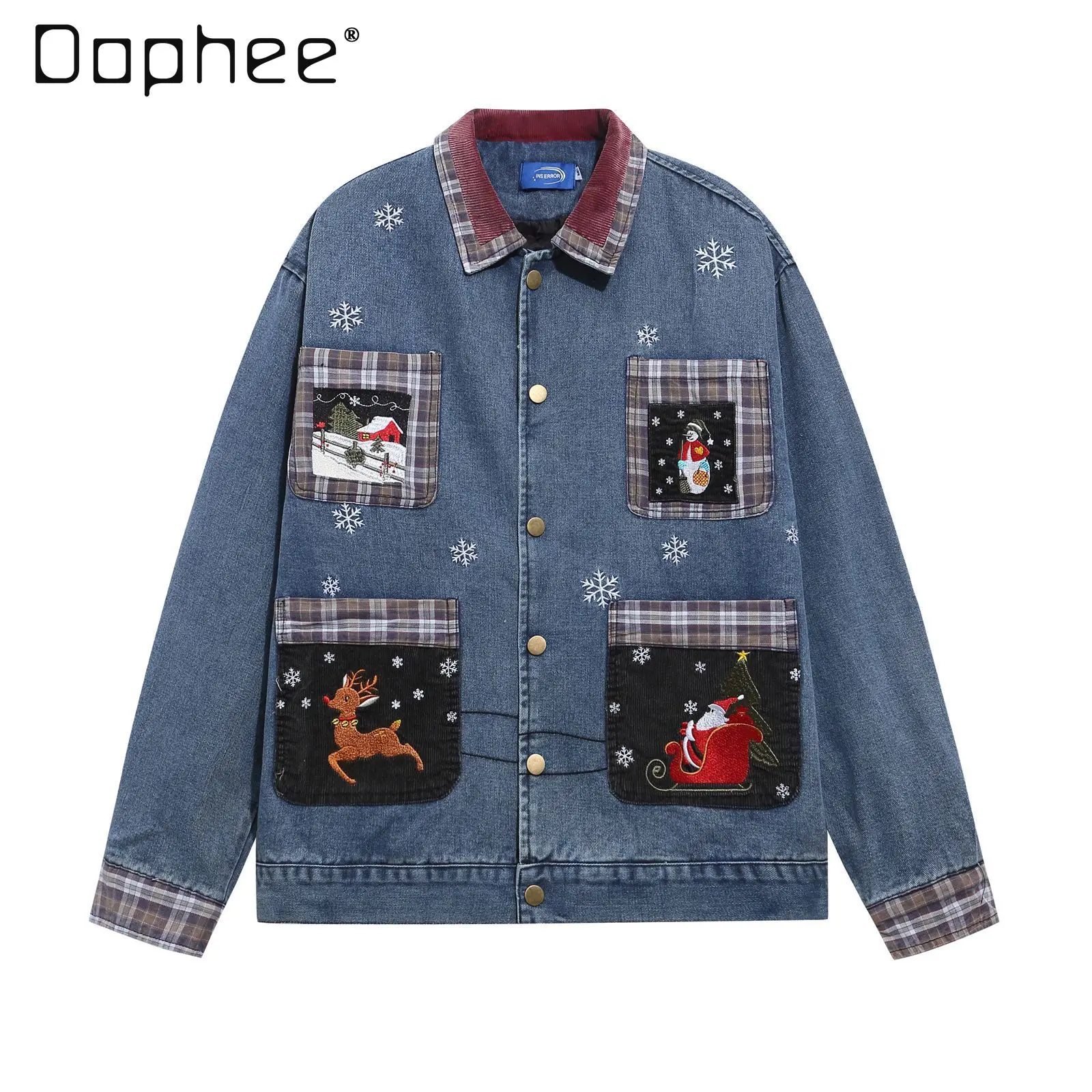 

Рождественская куртка в стиле ретро, стираная лоскутная джинсовая куртка с мультяшной вышивкой, унисекс, осенняя новая свободная повседневная универсальная куртка