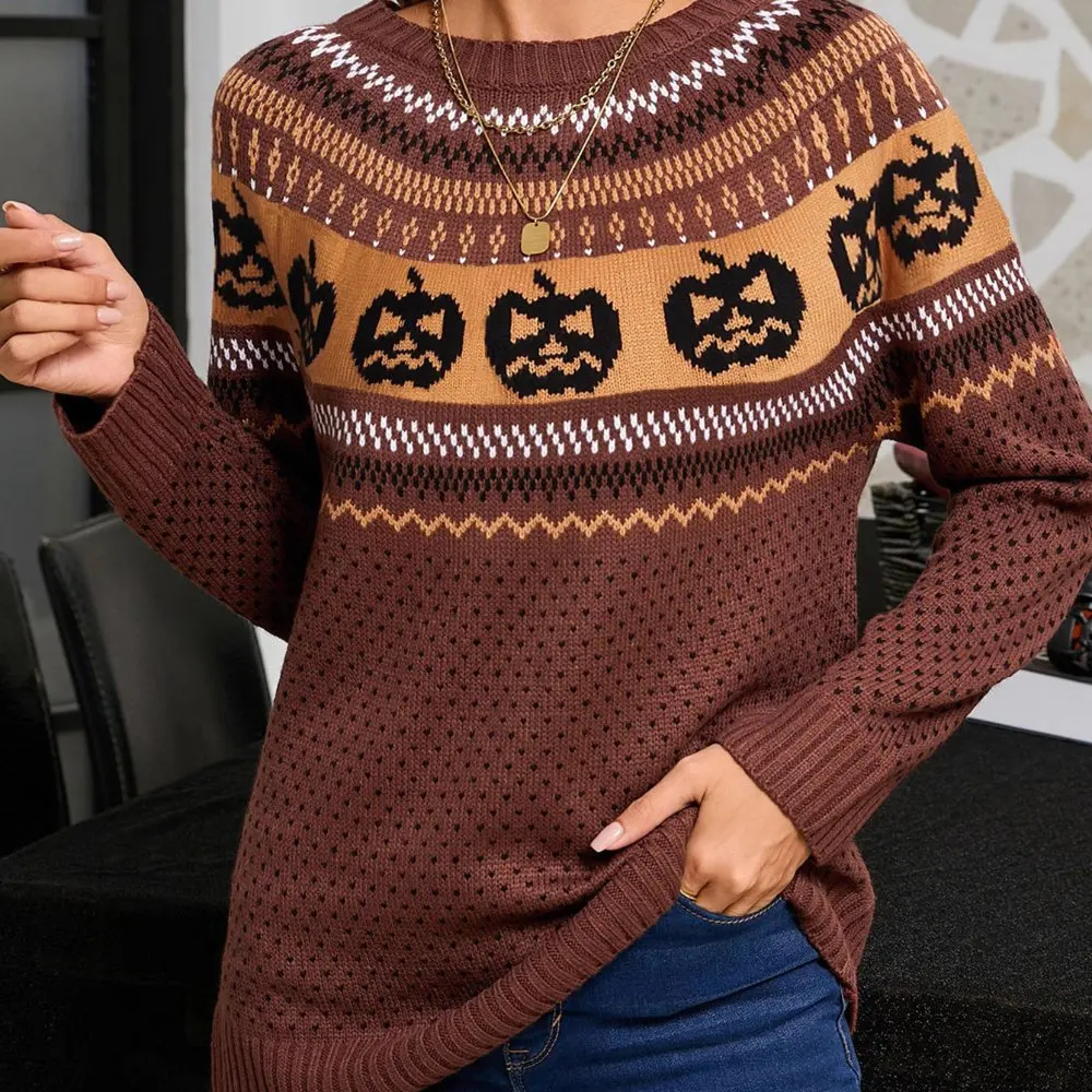 

Женский осенне-зимний вязаный свитер на Хэллоуин с принтом тыквы в стиле ретро, в горошек, с длинными рукавами, винтажный стиль, модный топ