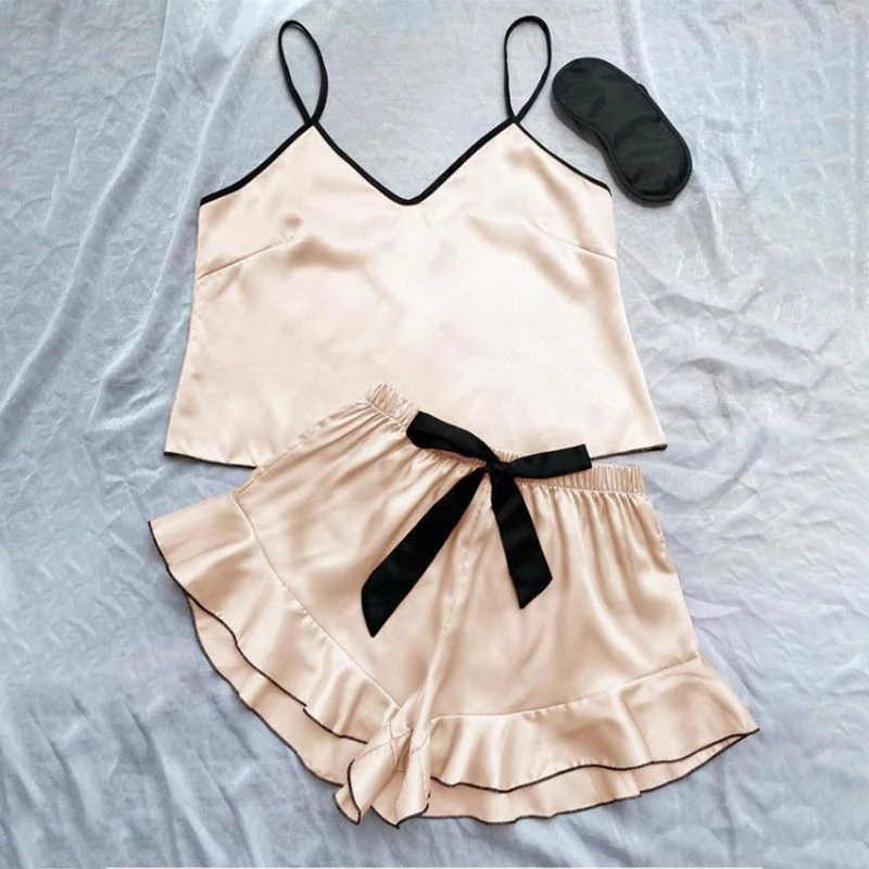 Fashion Home Casual Sexy Bow Satin Camisole Shorts Pajamas Set Women